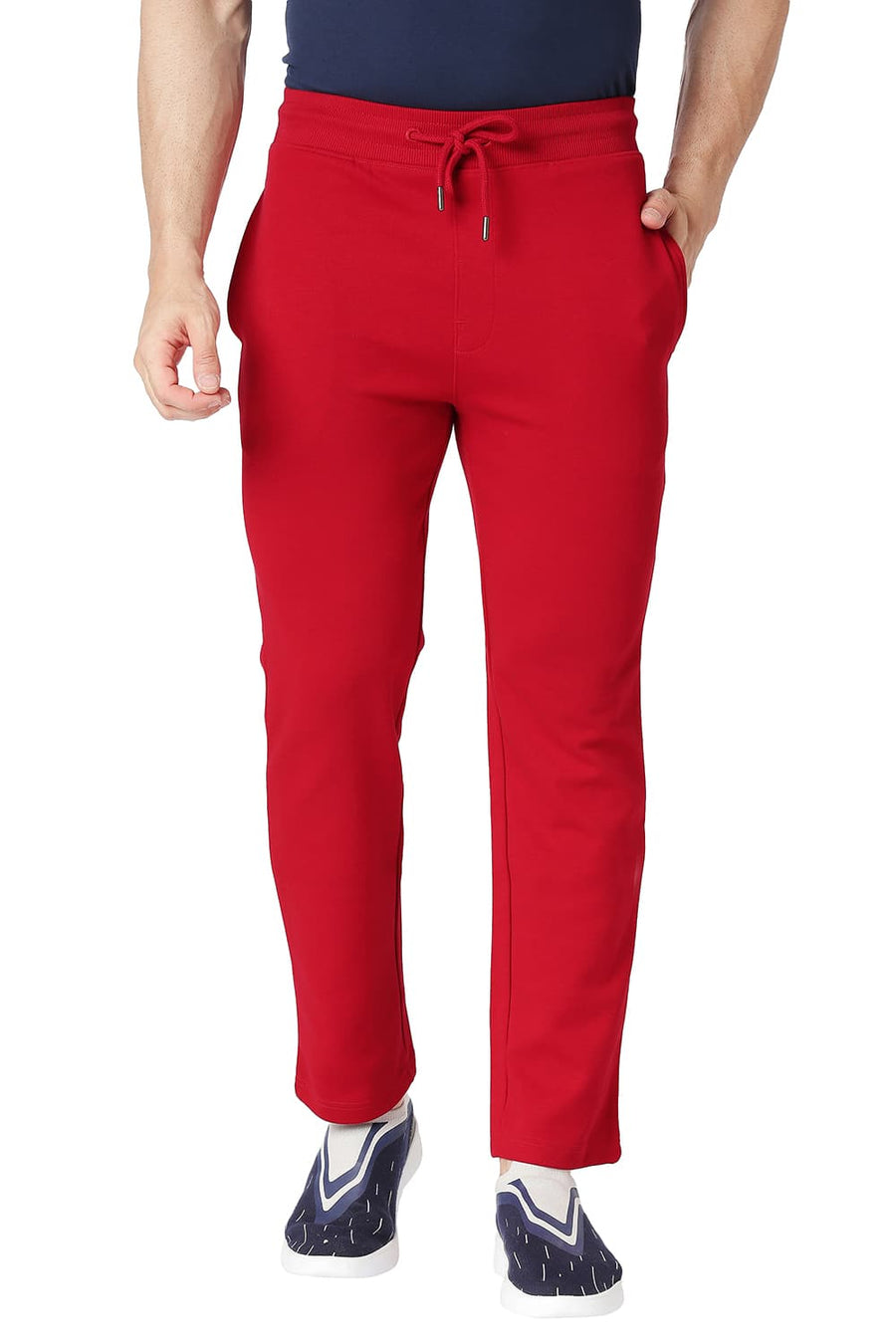 BASICS SLIM FIT RECING RED COTTON POLYESTER TRACK PANT