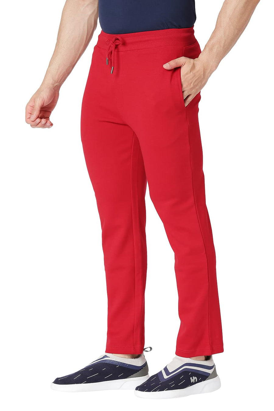 BASICS SLIM FIT RECING RED COTTON POLYESTER TRACK PANT