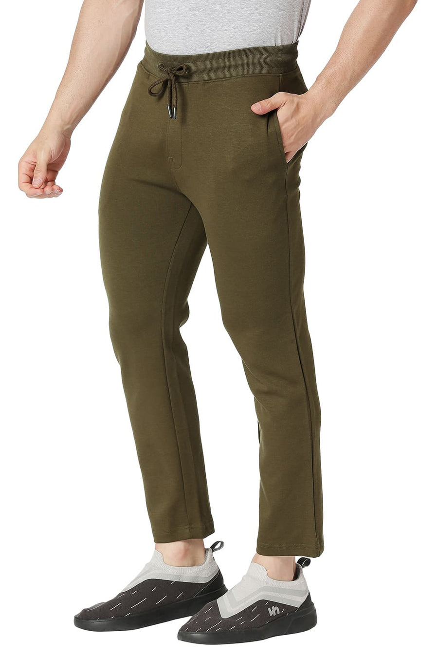 BASICS SLIM FIT OIL GREEN COTTON POLYESTER TRACK PANT