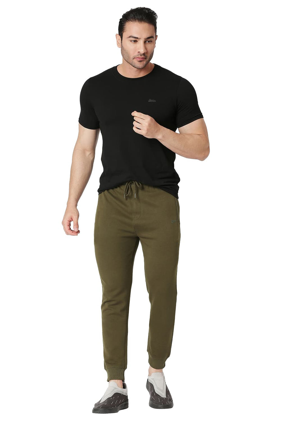 BASICS JOGGER FIT OIL GREEN COTTON POLYESTER TRACK PANT