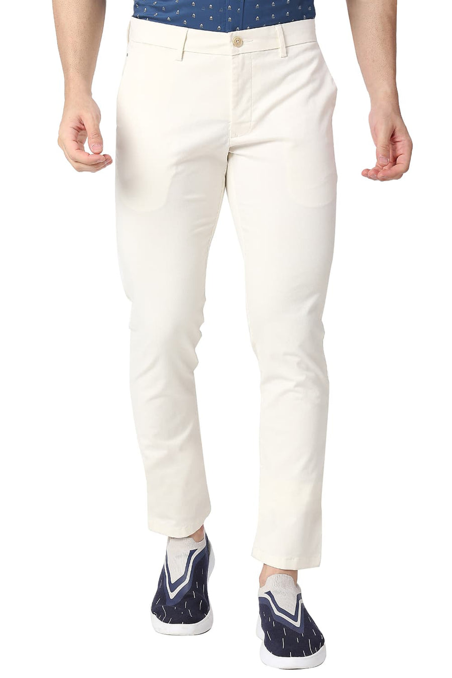BASICS TAPERED FIT TOFU ECRU COTTON STRETCH TROUSERS