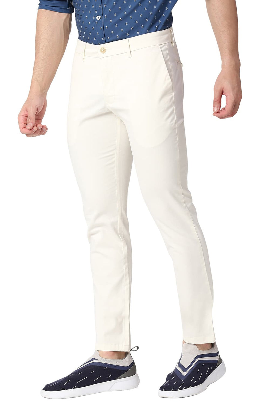 BASICS TAPERED FIT TOFU ECRU COTTON STRETCH TROUSERS