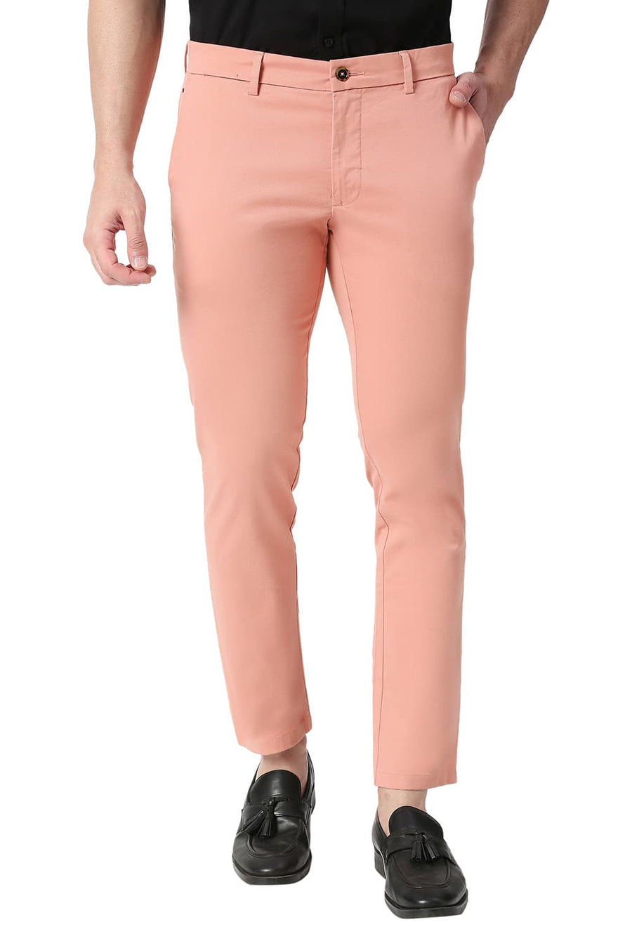 BASICS TAPERED FIT CANYON PEACH COTTON STRETCH TROUSERS