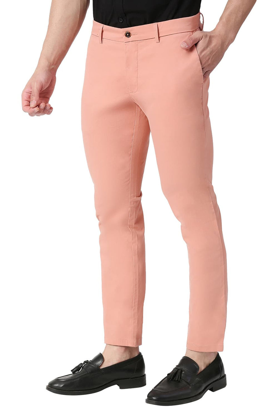 BASICS TAPERED FIT CANYON PEACH COTTON STRETCH TROUSERS