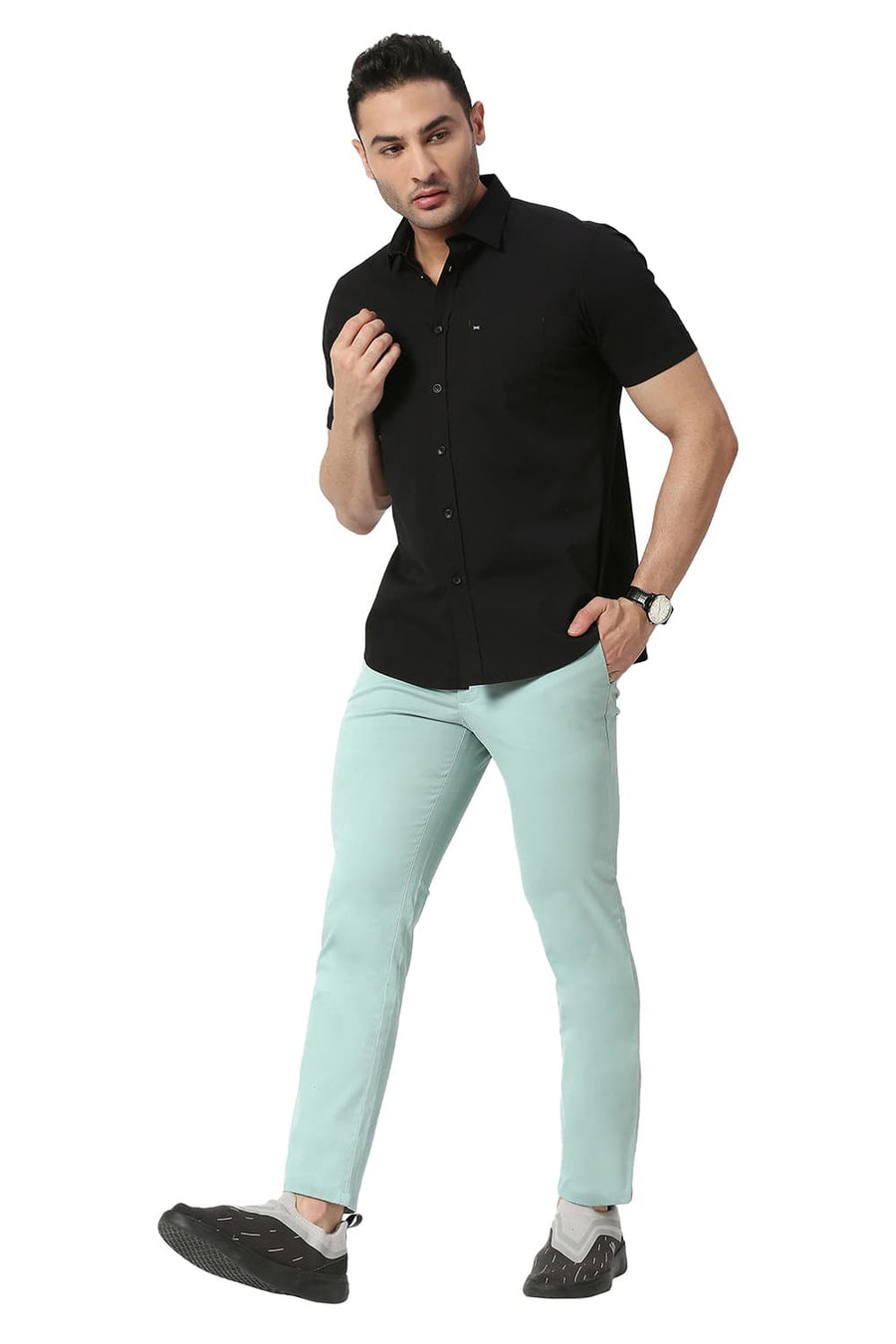BASICS TAPERED FIT HARBOR GREEN COTTON STRETCH TROUSERS