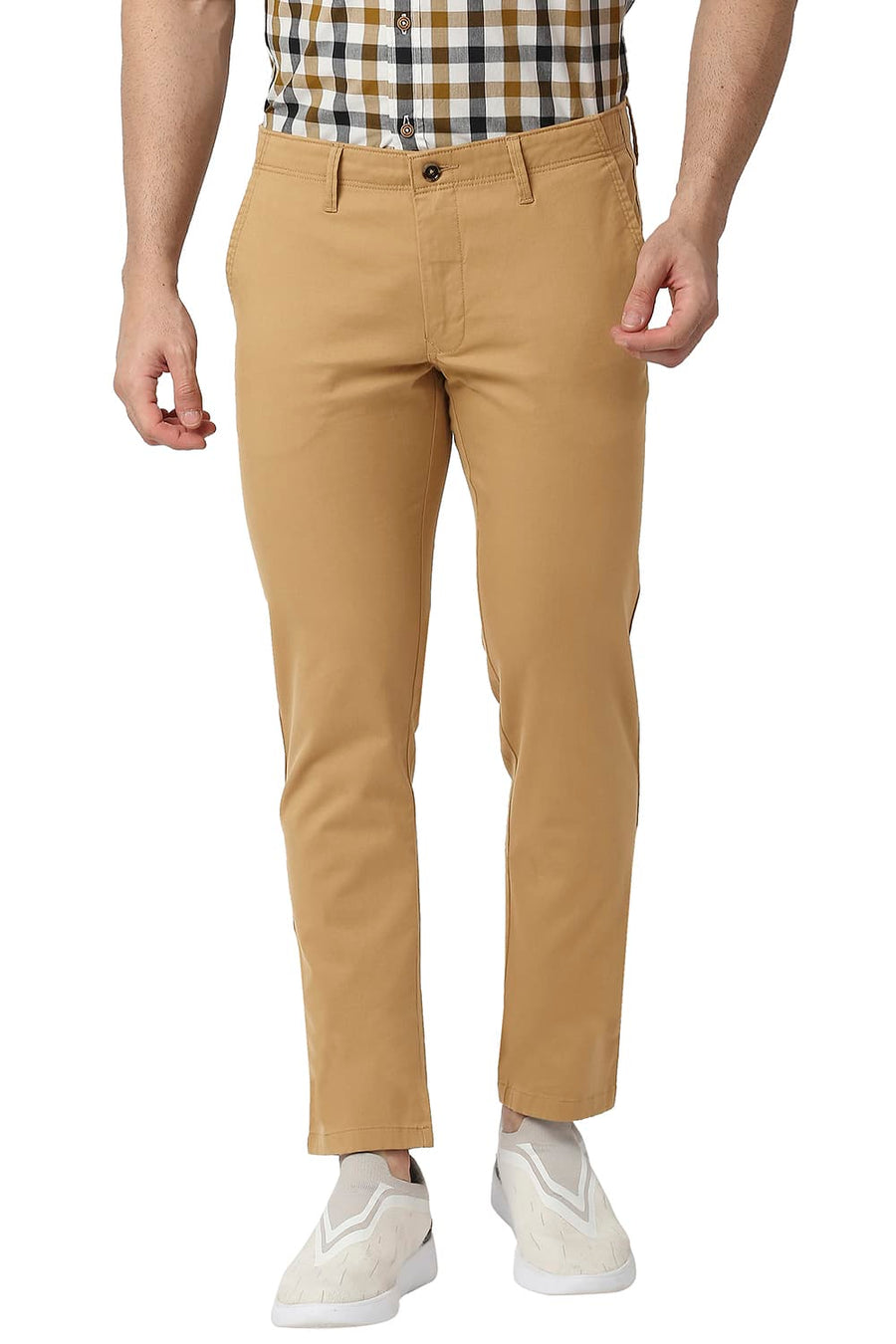 BASICS TAPERED FIT CINNAMON KHAKHI COTTON STRETCH TROUSERS