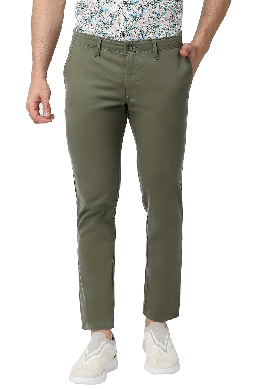 BASICS TAPERED FIT CAPULET GREEN COTTON STRETCH TROUSERS