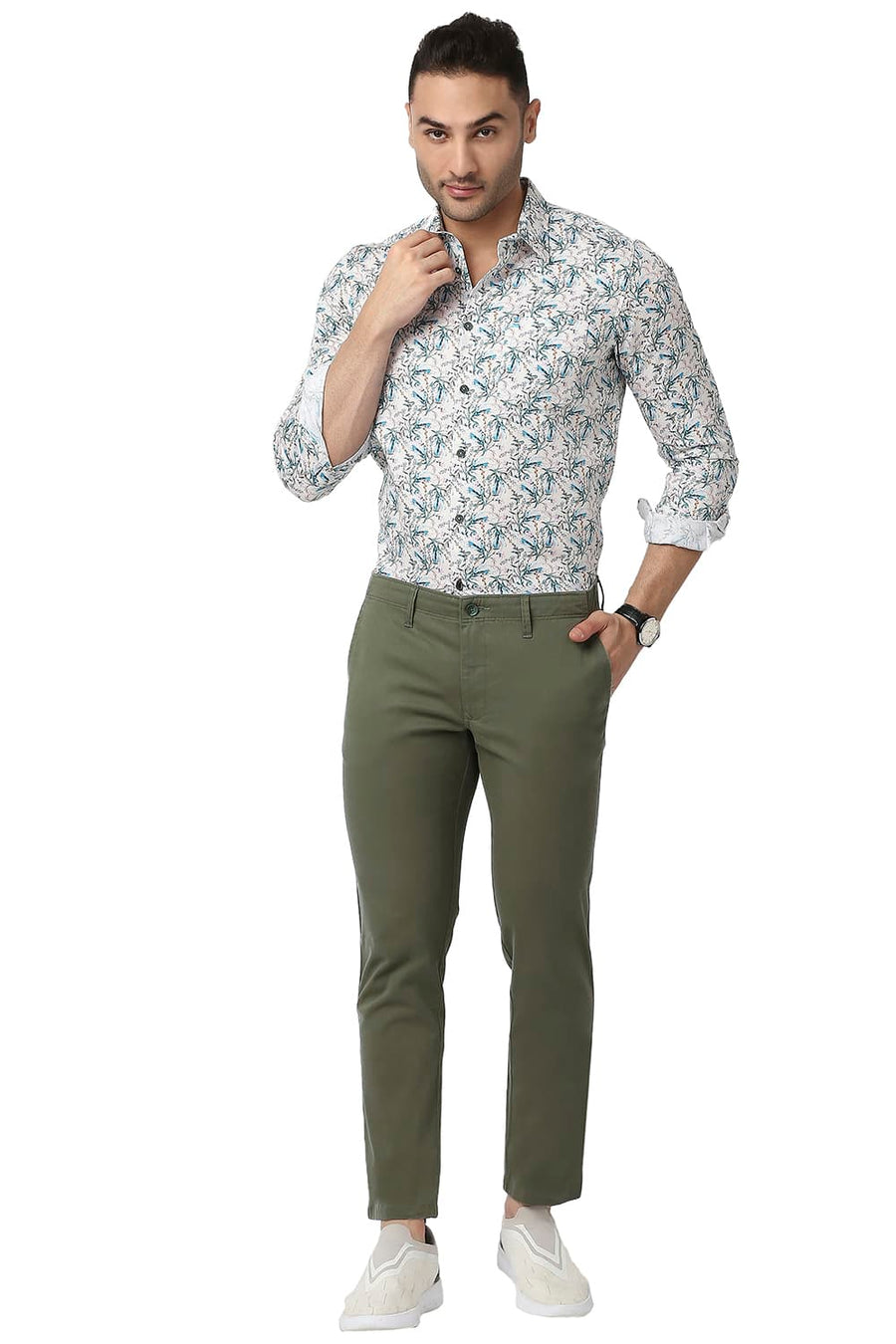 BASICS TAPERED FIT CAPULET GREEN COTTON STRETCH TROUSERS