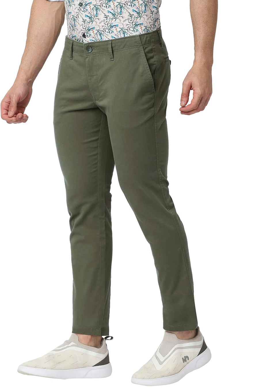BASICS TAPERED FIT CAPULET GREEN COTTON STRETCH TROUSERS