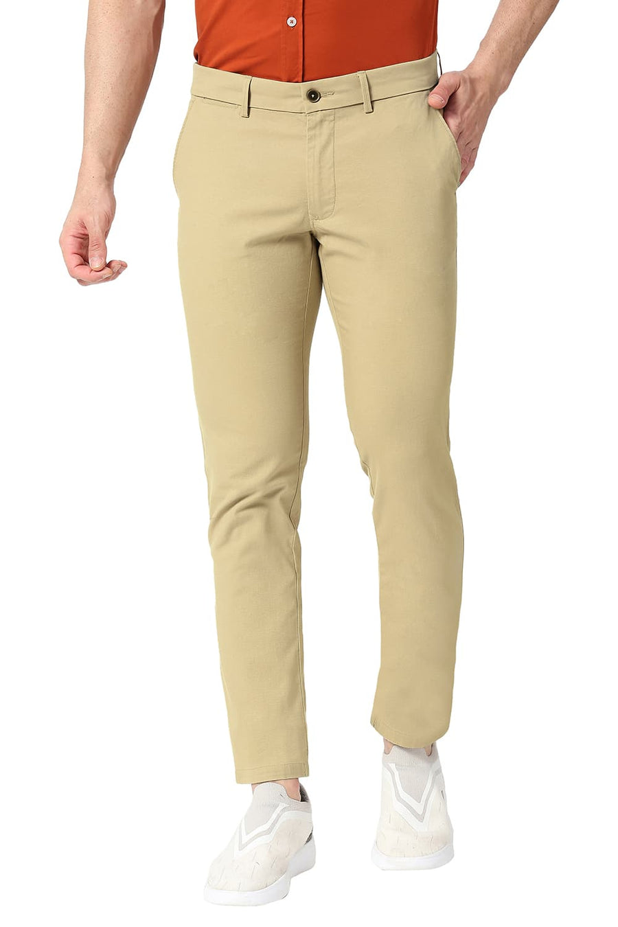 BASICS TAPERED FIT BISCOTTI KHAKHI COTTON STRETCH TROUSERS