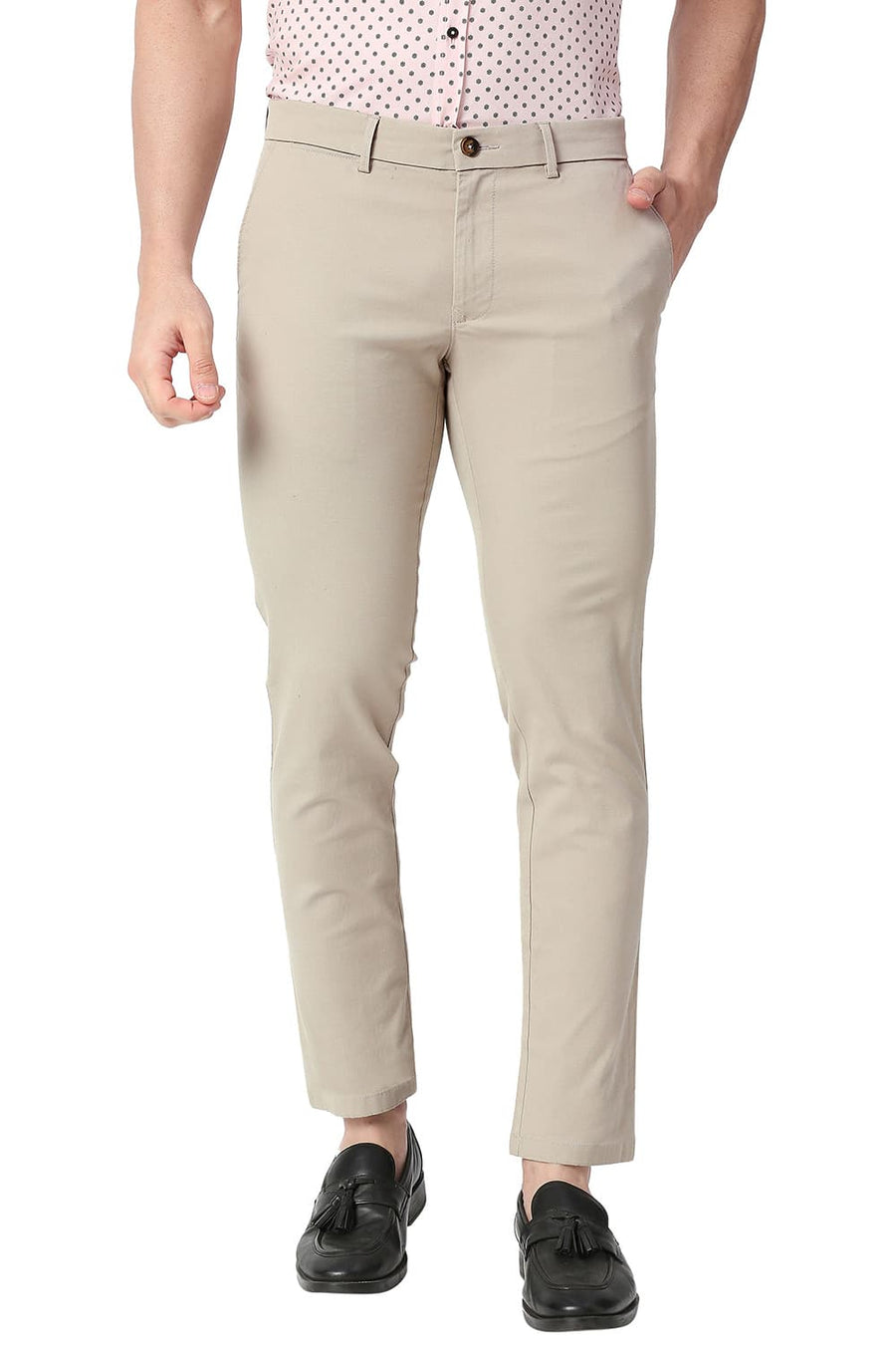 BASICS TAPERED FIT CASHMERE BEIGE COTTON STRETCH TROUSERS