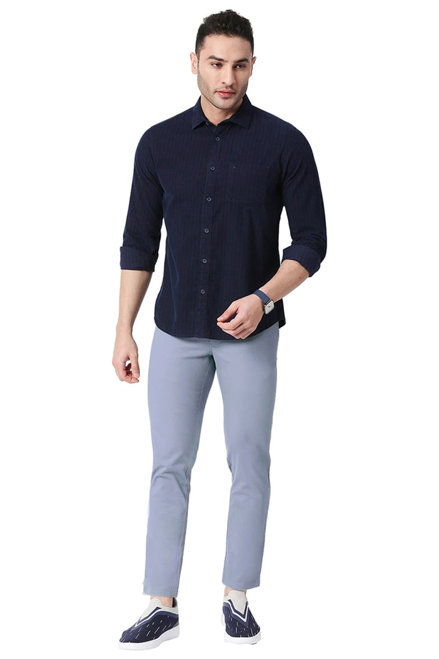 BASICS TAPERED FIT FLINTSTONE BLUE COTTON STRETCH TROUSERS