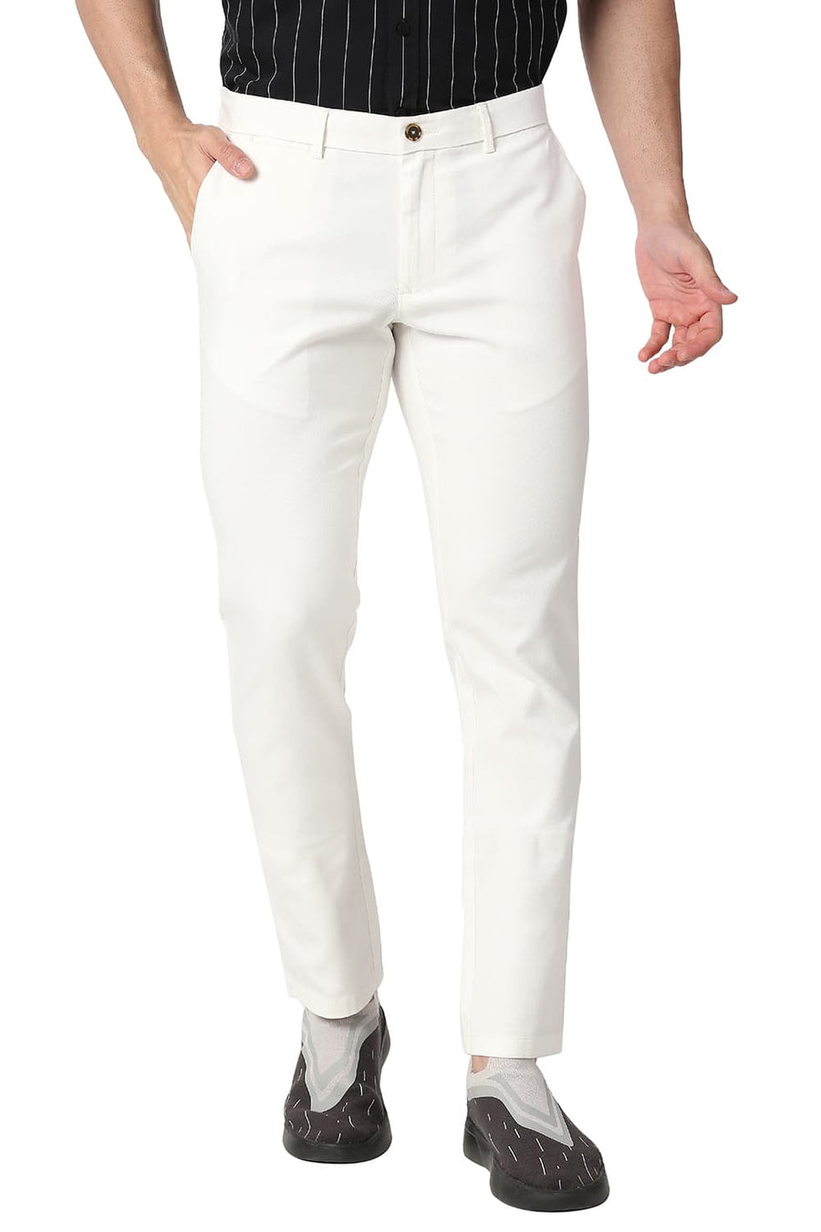 BASICS TAPERED FIT COCONUT MILK WHITE COTTON STRETCH TROUSERS