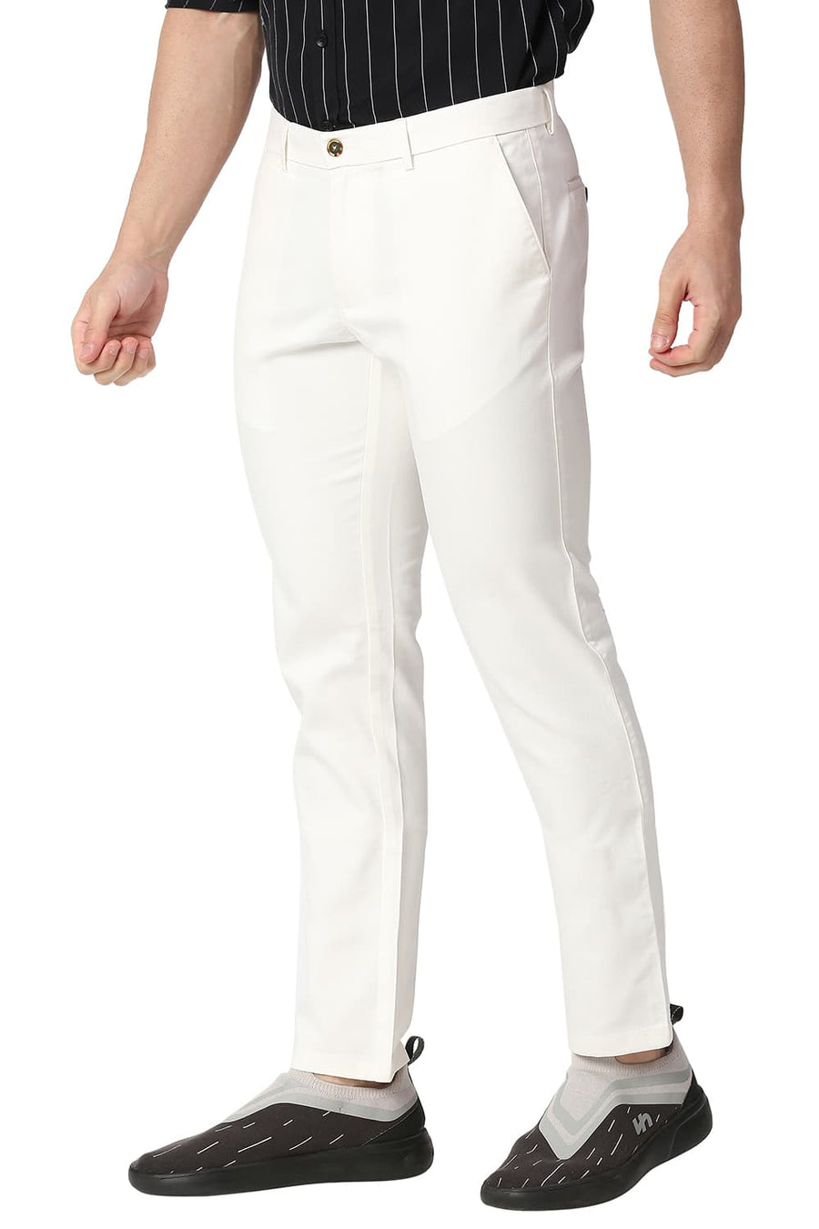 BASICS TAPERED FIT COCONUT MILK WHITE COTTON STRETCH TROUSERS