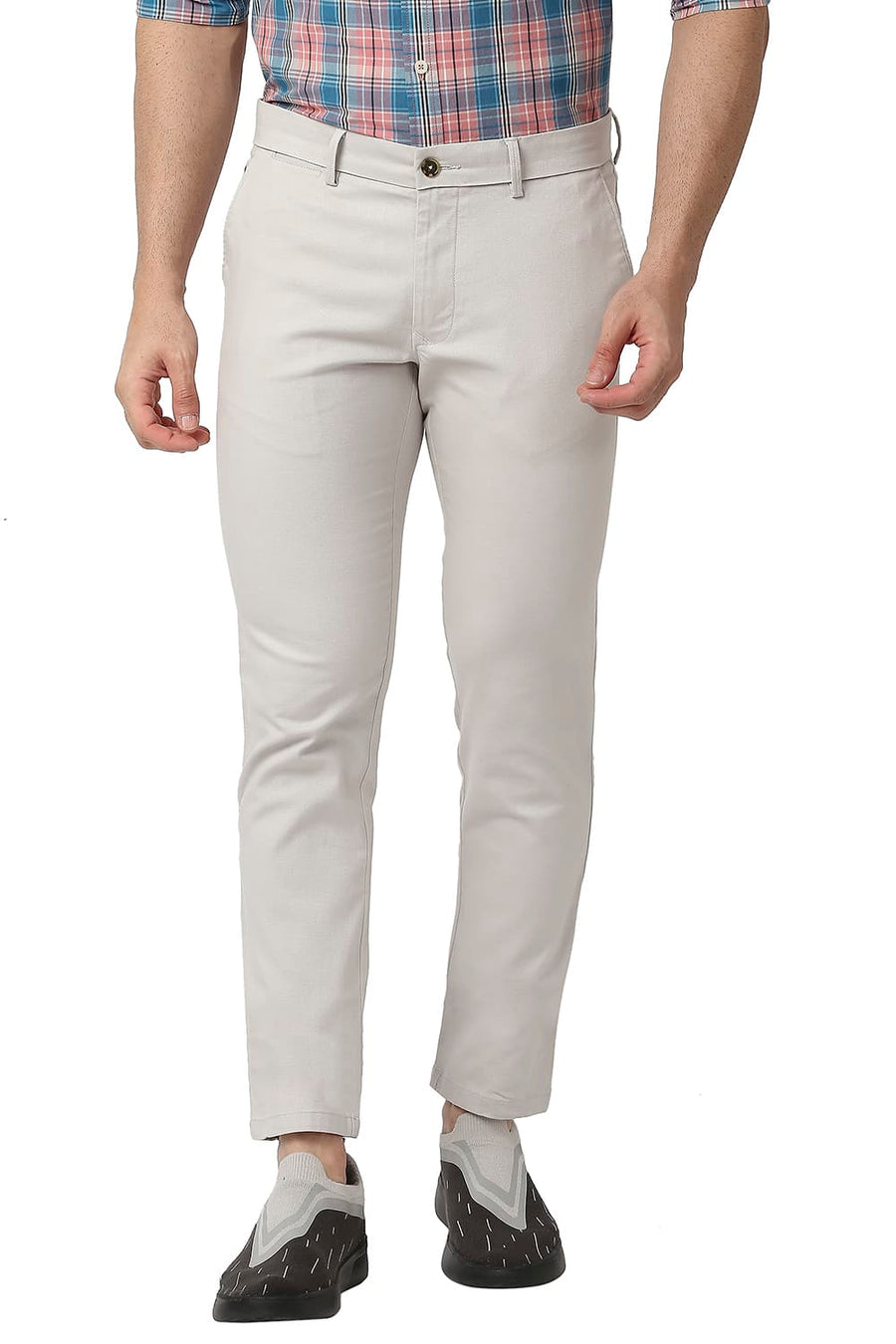 BASICS TAPERED FIT NACREOUS GREY COTTON STRETCH TROUSERS