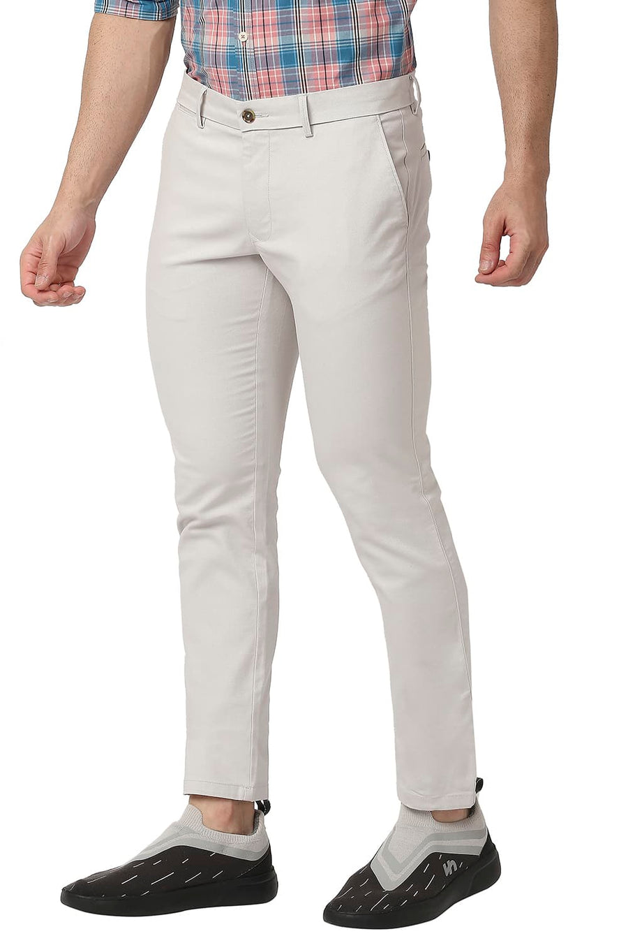 BASICS TAPERED FIT NACREOUS GREY COTTON STRETCH TROUSERS