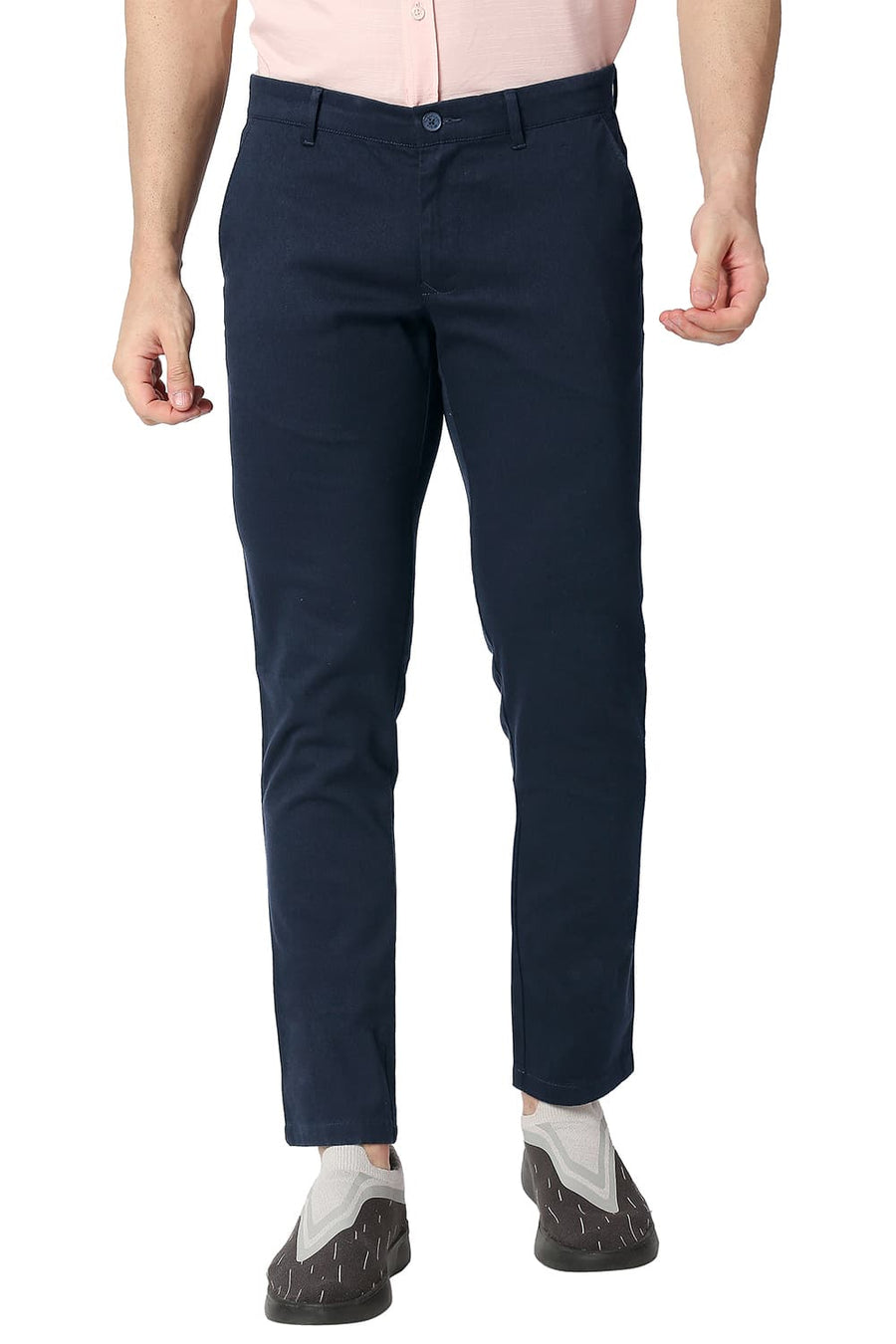 BASICS TAPERED FIT BLUEBERRY NAVY COTTON STRETCH TROUSERS