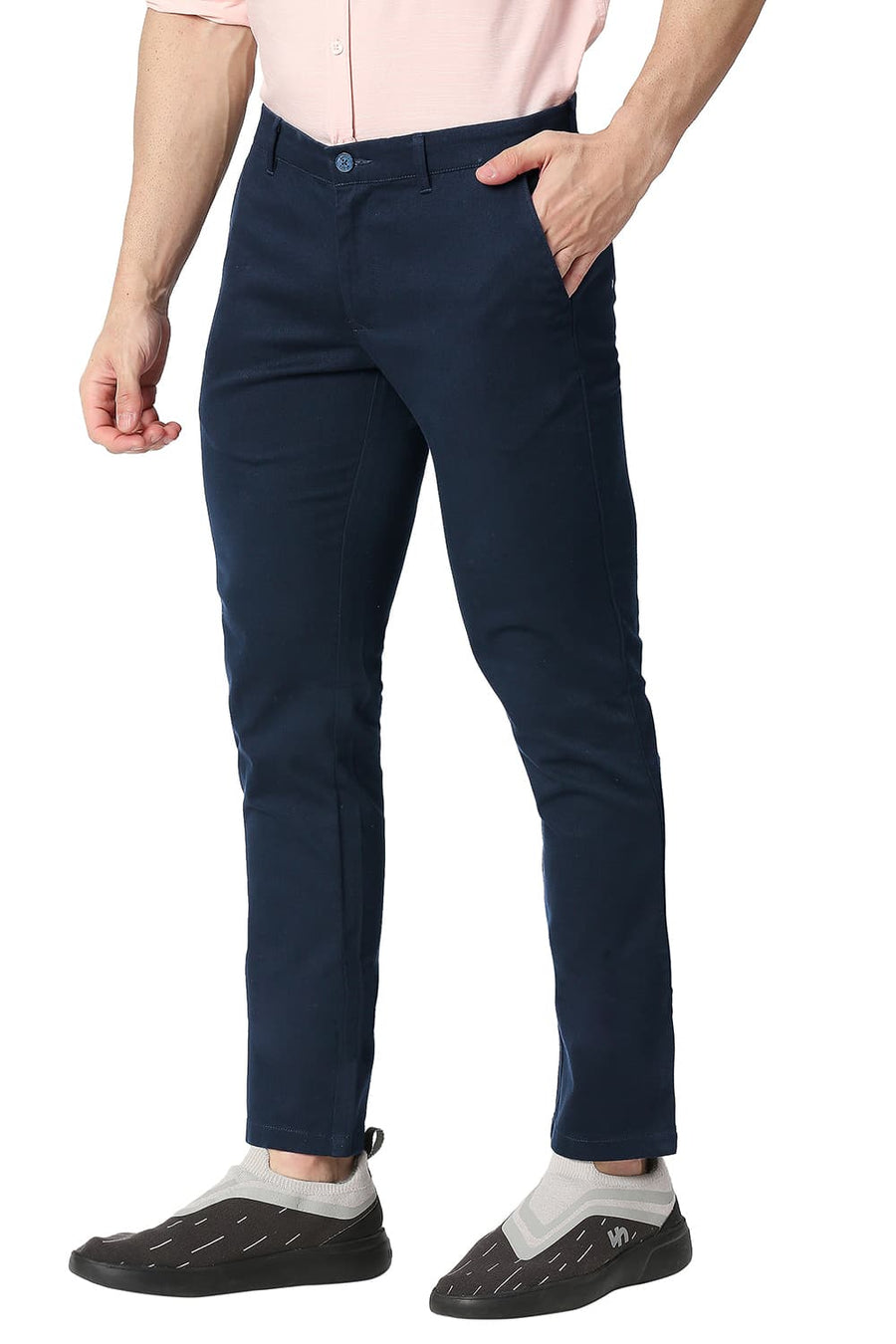 BASICS TAPERED FIT BLUEBERRY NAVY COTTON STRETCH TROUSERS