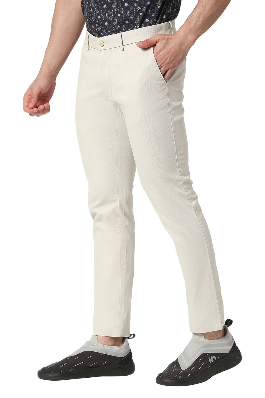 BASICS TAPERED FIT PUMICE ECRU COTTON STRETCH TROUSERS