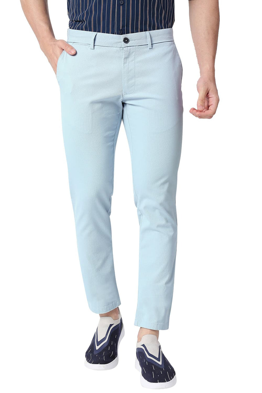 BASICS TAPERED FIT SKYRIDE BLUE COTTON STRETCH TROUSERS