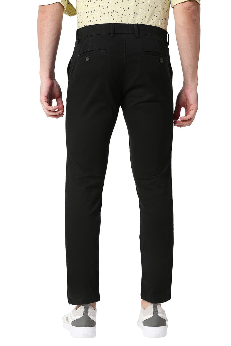 BASICS TAPERED FIT LICORICE BLACK COTTON STRETCH TROUSERS