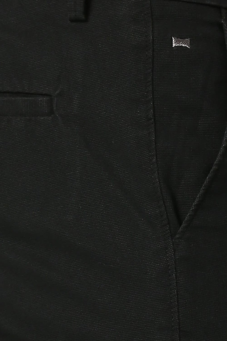 BASICS TAPERED FIT LICORICE BLACK COTTON STRETCH TROUSERS
