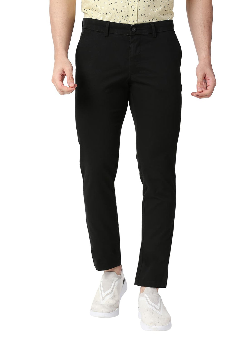 BASICS TAPERED FIT LICORICE BLACK COTTON STRETCH TROUSERS
