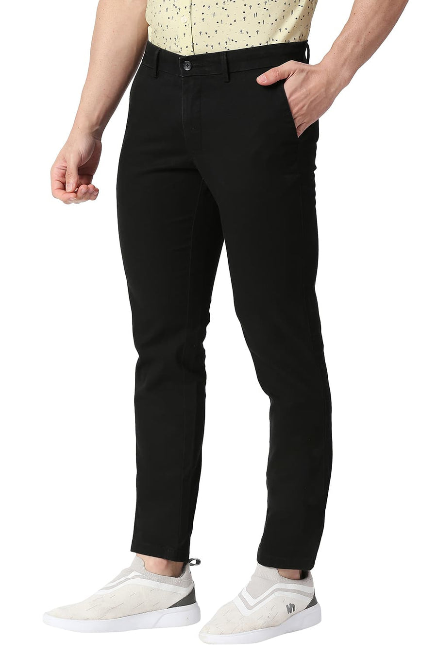 BASICS TAPERED FIT LICORICE BLACK COTTON STRETCH TROUSERS