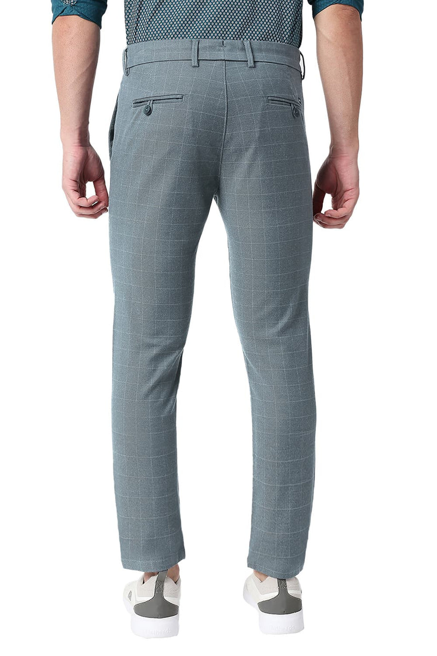 BASICS TAPERED FIT MIRAGE BLUE COTTON POLYESTER STRETCH CHECKS TROUSERS