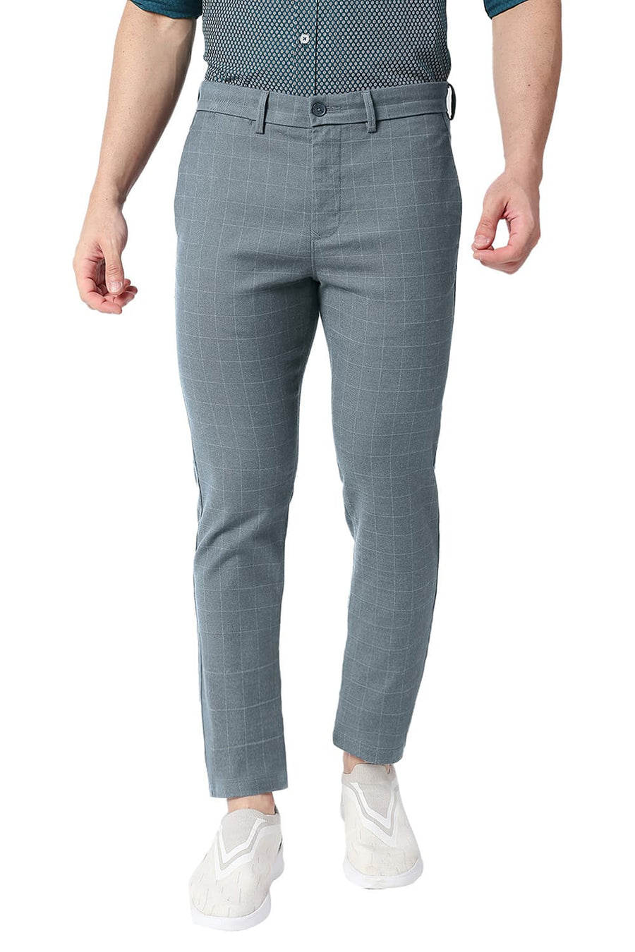 BASICS TAPERED FIT MIRAGE BLUE COTTON POLYESTER STRETCH CHECKS TROUSERS