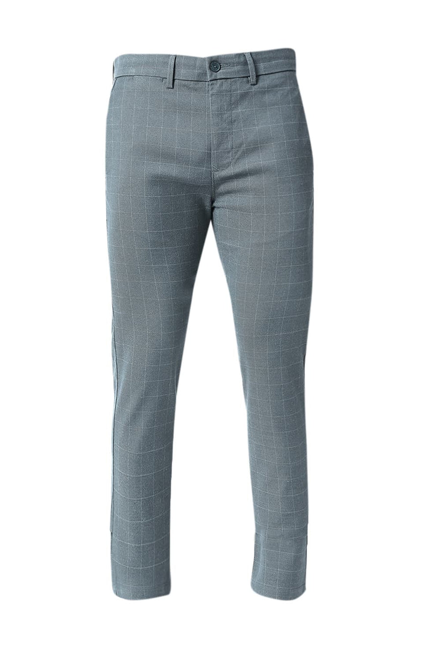 BASICS TAPERED FIT MIRAGE BLUE COTTON POLYESTER STRETCH CHECKS TROUSERS