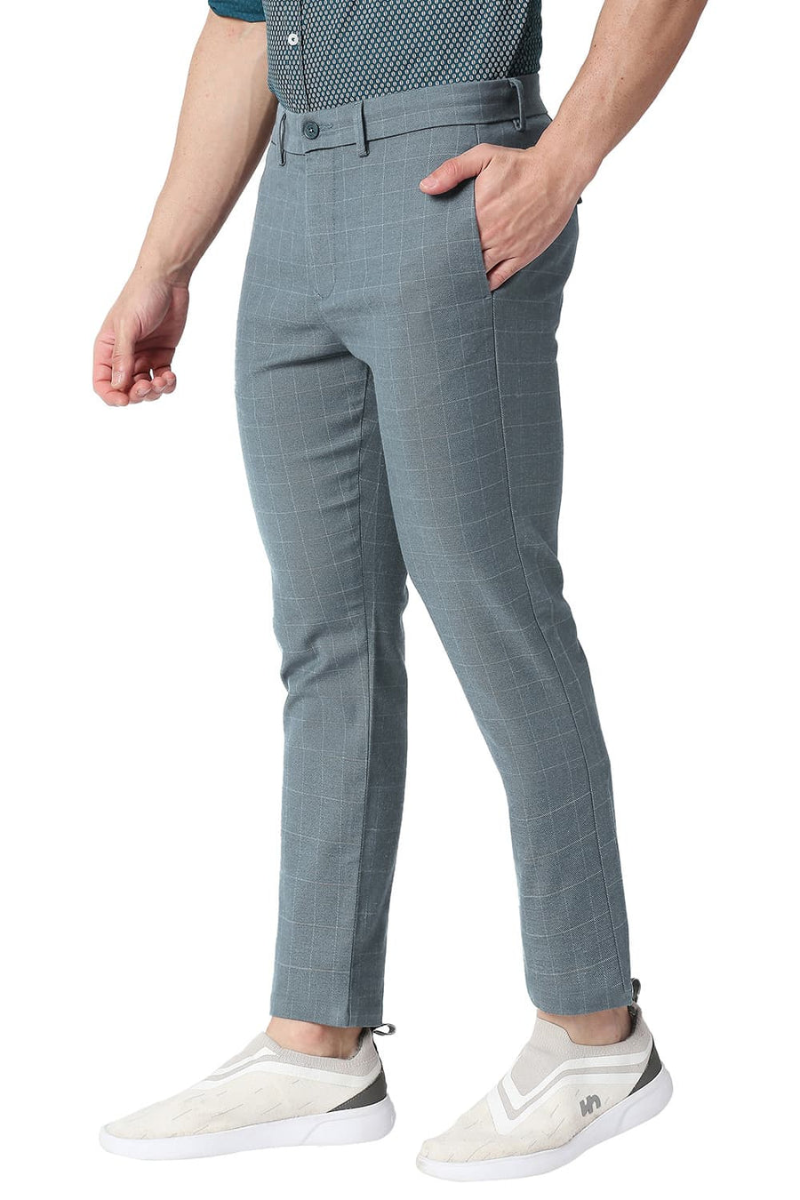 BASICS TAPERED FIT MIRAGE BLUE COTTON POLYESTER STRETCH CHECKS TROUSERS