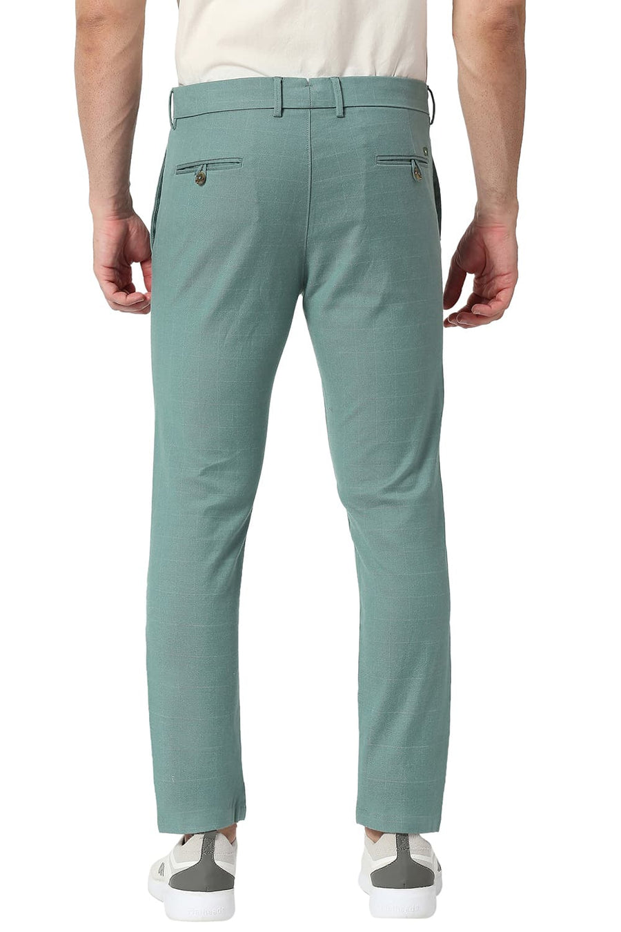 BASICS TAPERED FIT MINERAL TURQUOISE COTTON POLYESTER STRETCH CHECKS TROUSERS