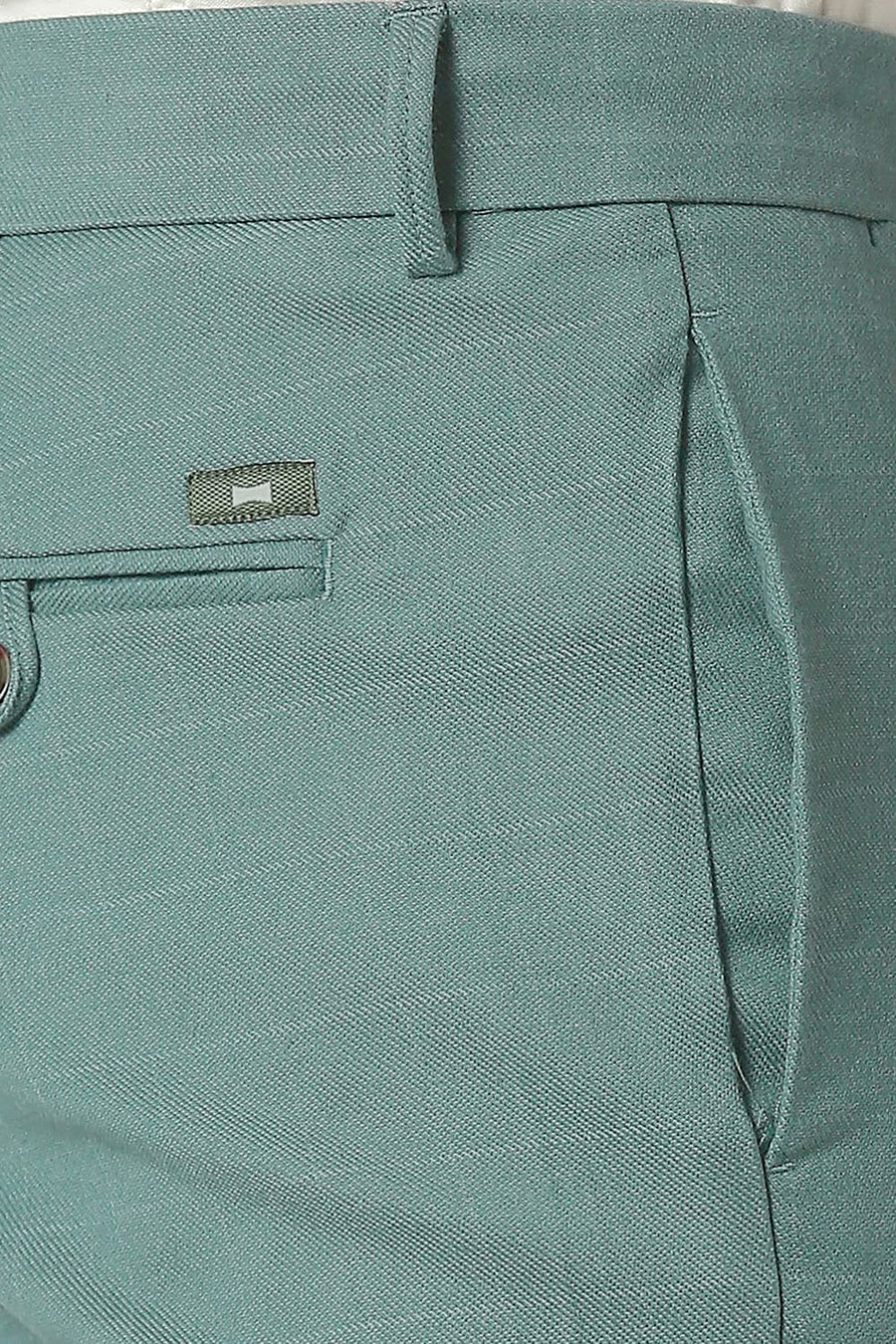 BASICS TAPERED FIT MINERAL TURQUOISE COTTON POLYESTER STRETCH CHECKS TROUSERS