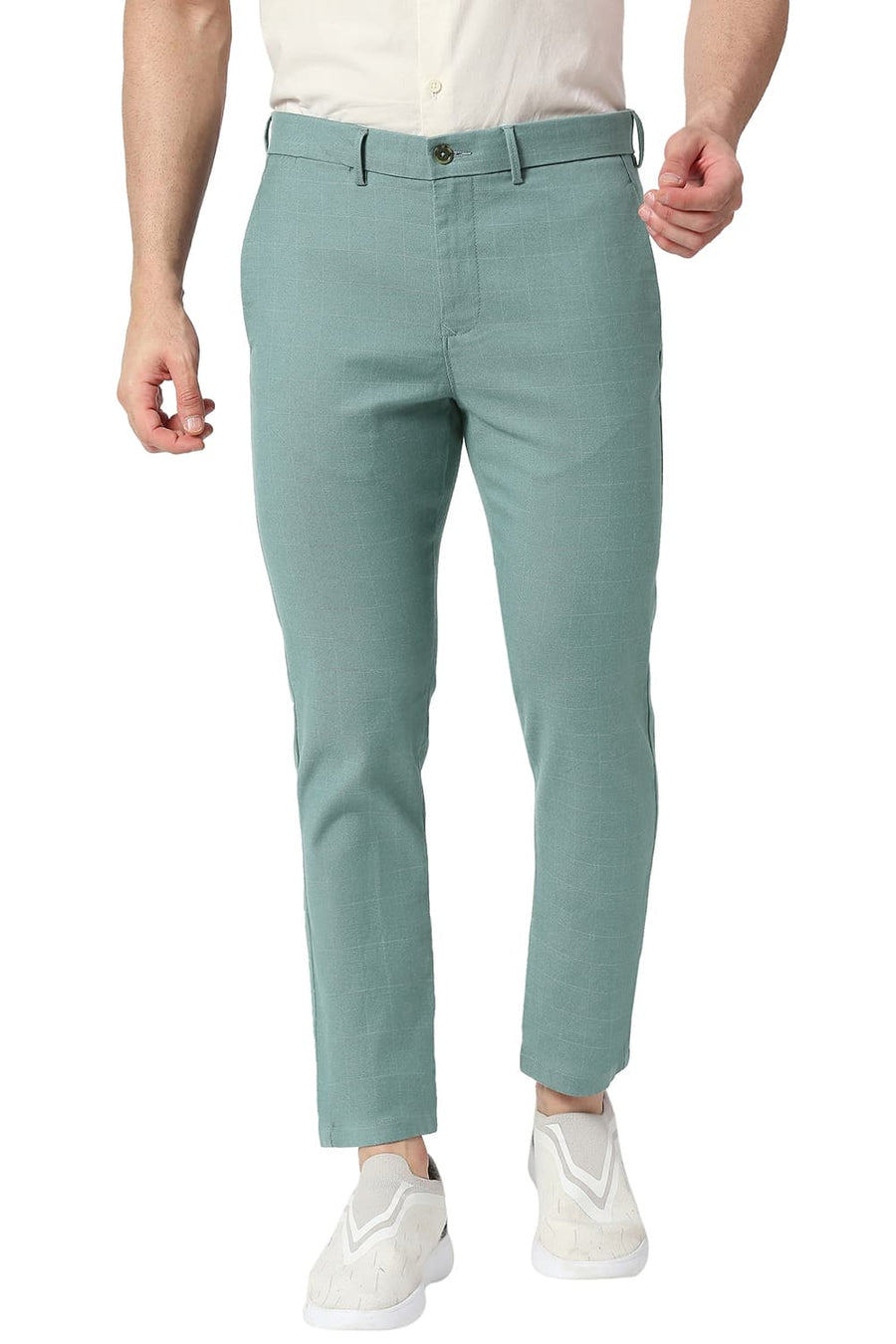 BASICS TAPERED FIT MINERAL TURQUOISE COTTON POLYESTER STRETCH CHECKS TROUSERS