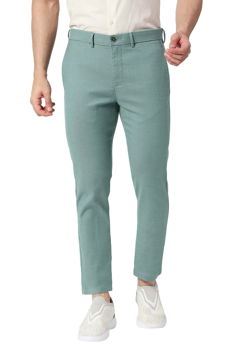 BASICS TAPERED FIT COTTON POLYESTER STRETCH CHECKS TROUSERS