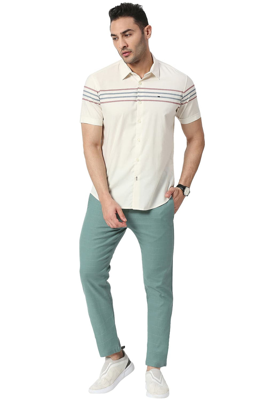 BASICS TAPERED FIT MINERAL TURQUOISE COTTON POLYESTER STRETCH CHECKS TROUSERS