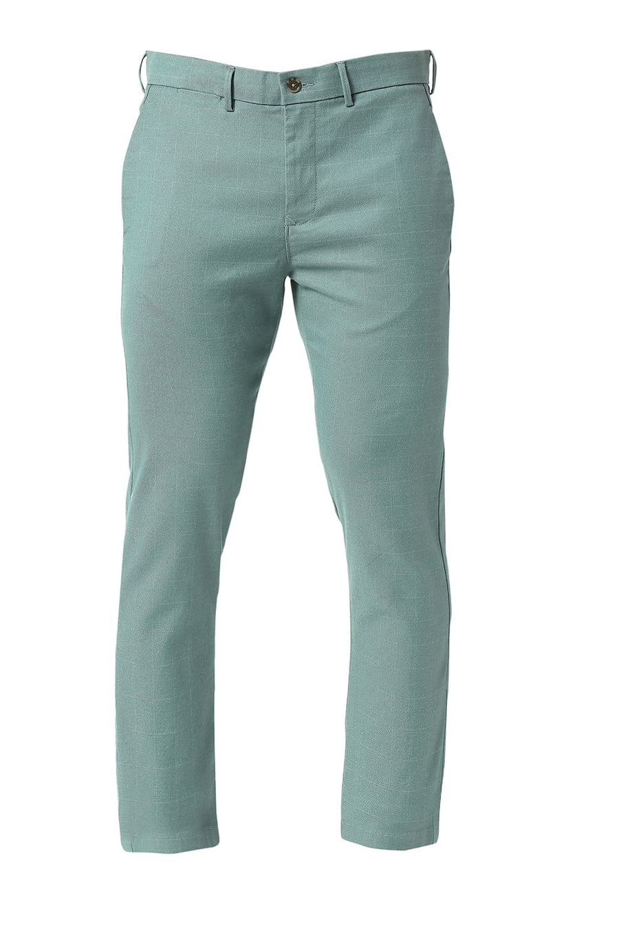 BASICS TAPERED FIT MINERAL TURQUOISE COTTON POLYESTER STRETCH CHECKS TROUSERS