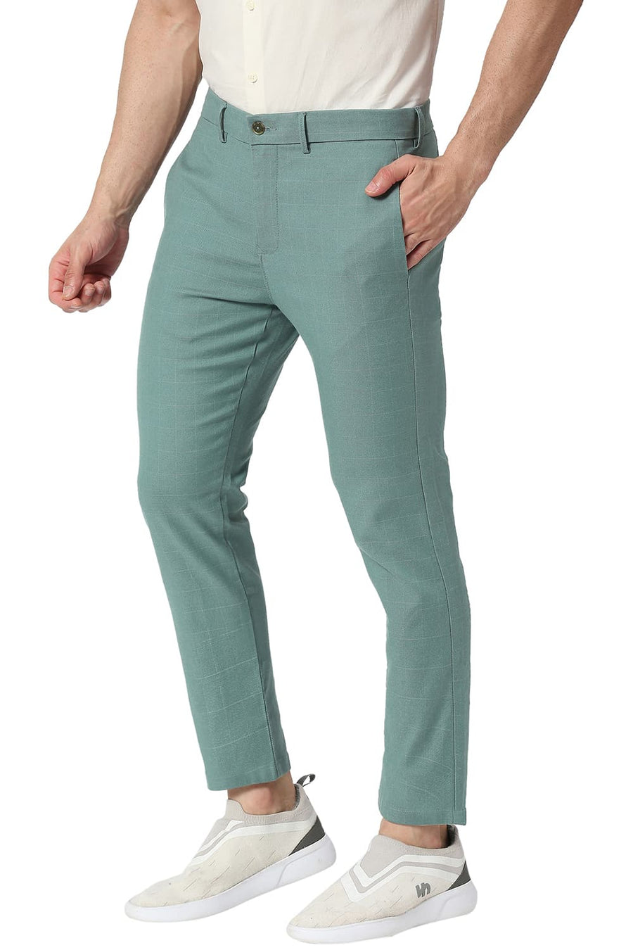 BASICS TAPERED FIT MINERAL TURQUOISE COTTON POLYESTER STRETCH CHECKS TROUSERS
