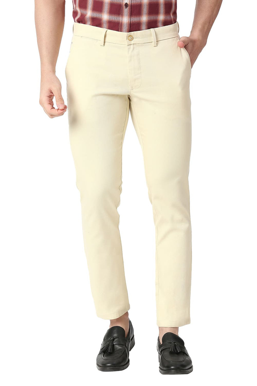 BASICS TAPERED FIT SEEDPEARL BEIGE COTTON STRETCH TROUSERS