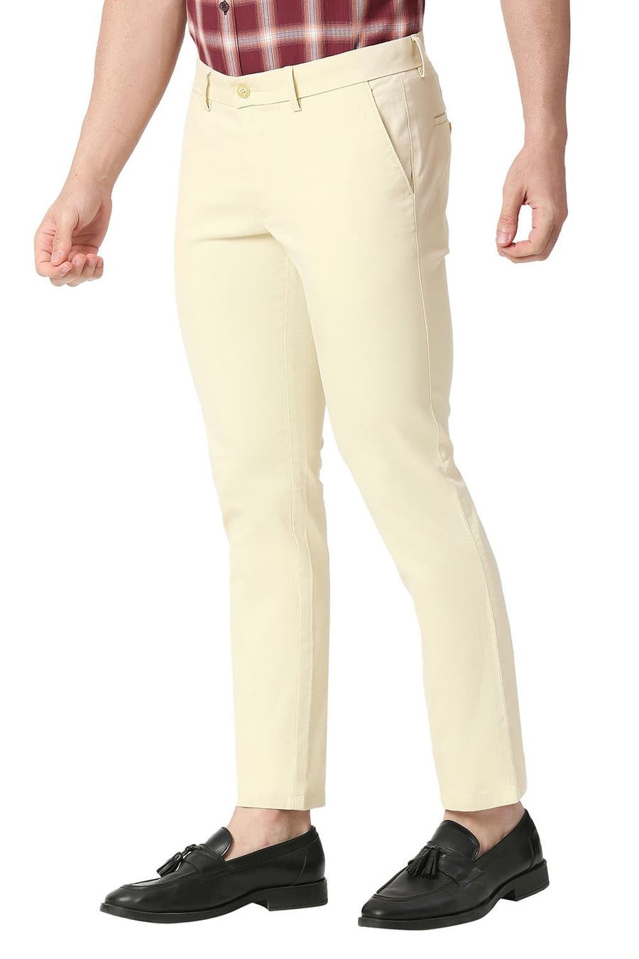 BASICS TAPERED FIT SEEDPEARL BEIGE COTTON STRETCH TROUSERS