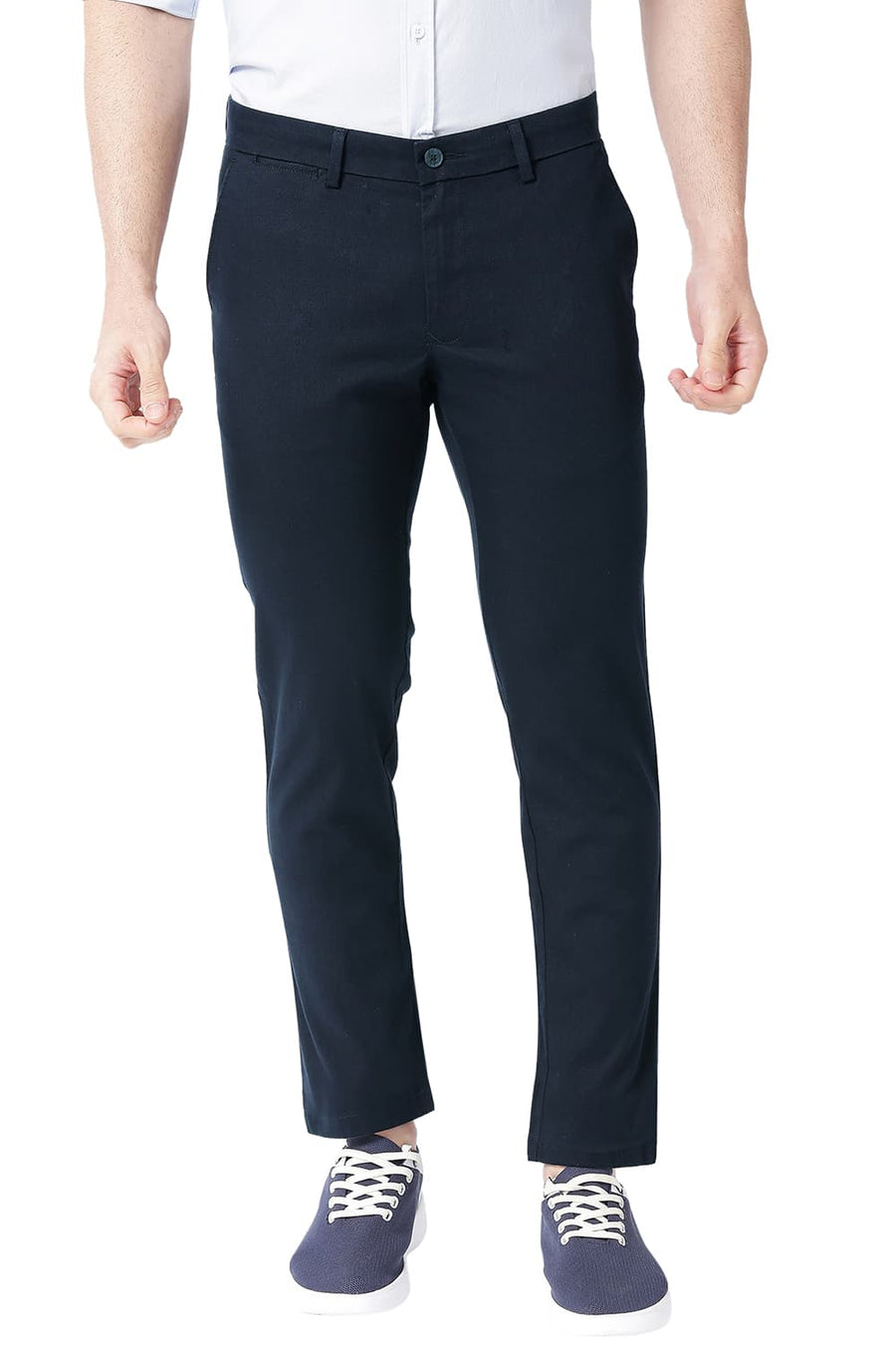 BASICS TAPERED FIT INKWELL NAVY COTTON STRETCH TROUSERS