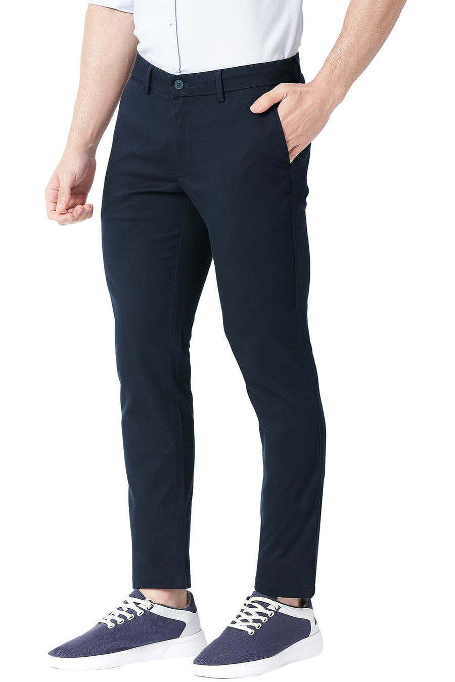 BASICS TAPERED FIT INKWELL NAVY COTTON STRETCH TROUSERS
