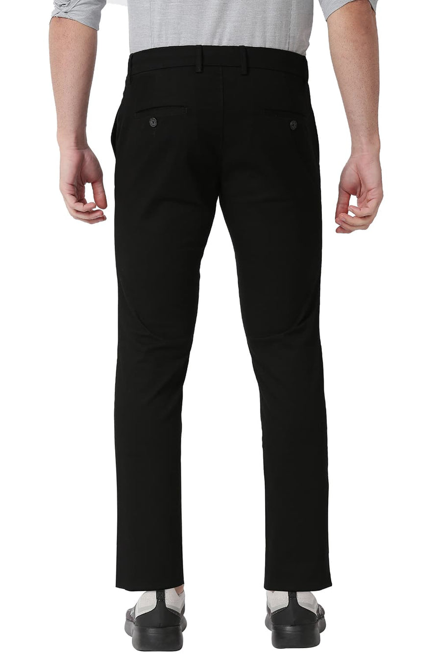 BASICS TAPERED FIT CAVIAR BLACK COTTON STRETCH TROUSERS