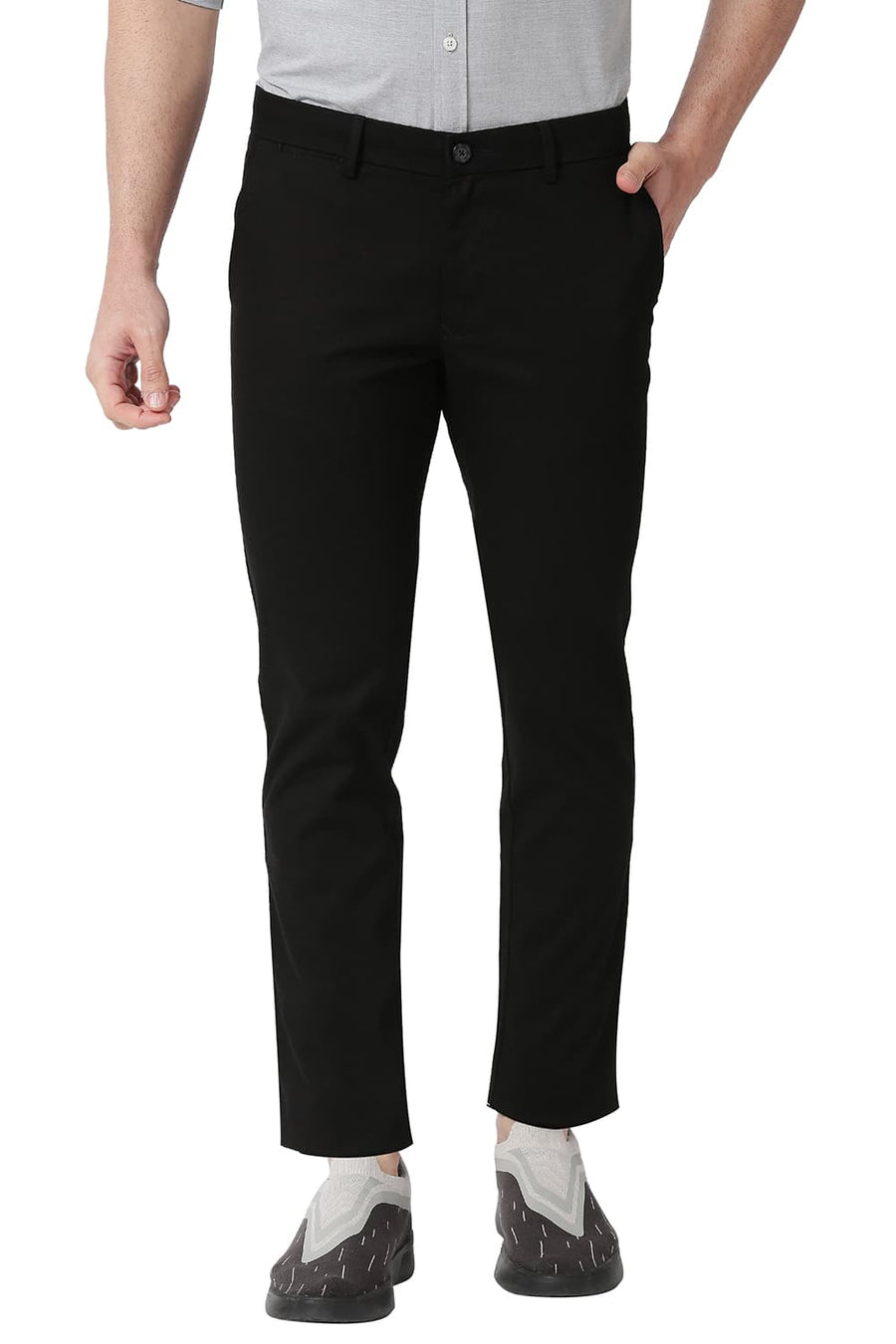 BASICS TAPERED FIT CAVIAR BLACK COTTON STRETCH TROUSERS