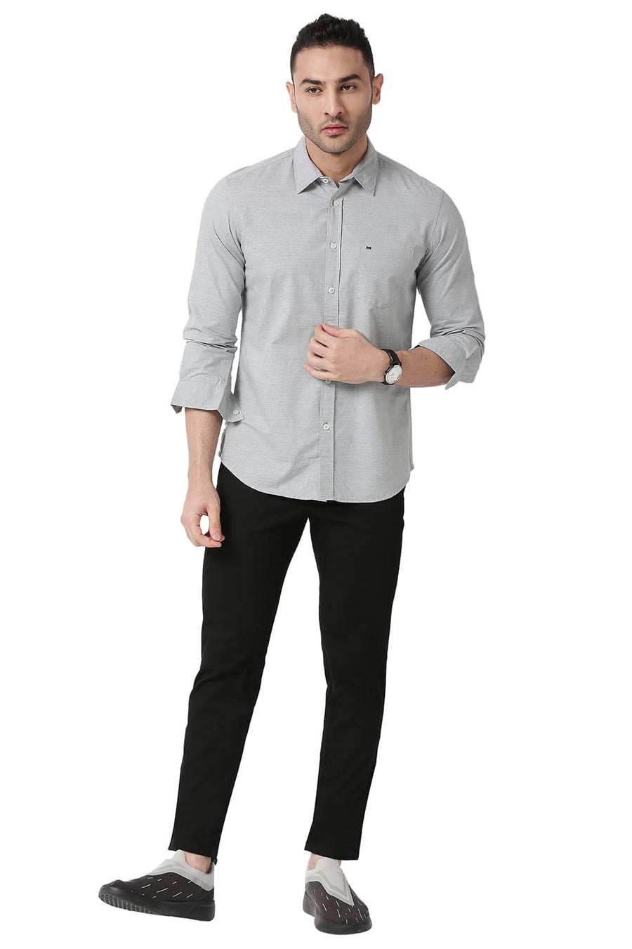 BASICS TAPERED FIT CAVIAR BLACK COTTON STRETCH TROUSERS