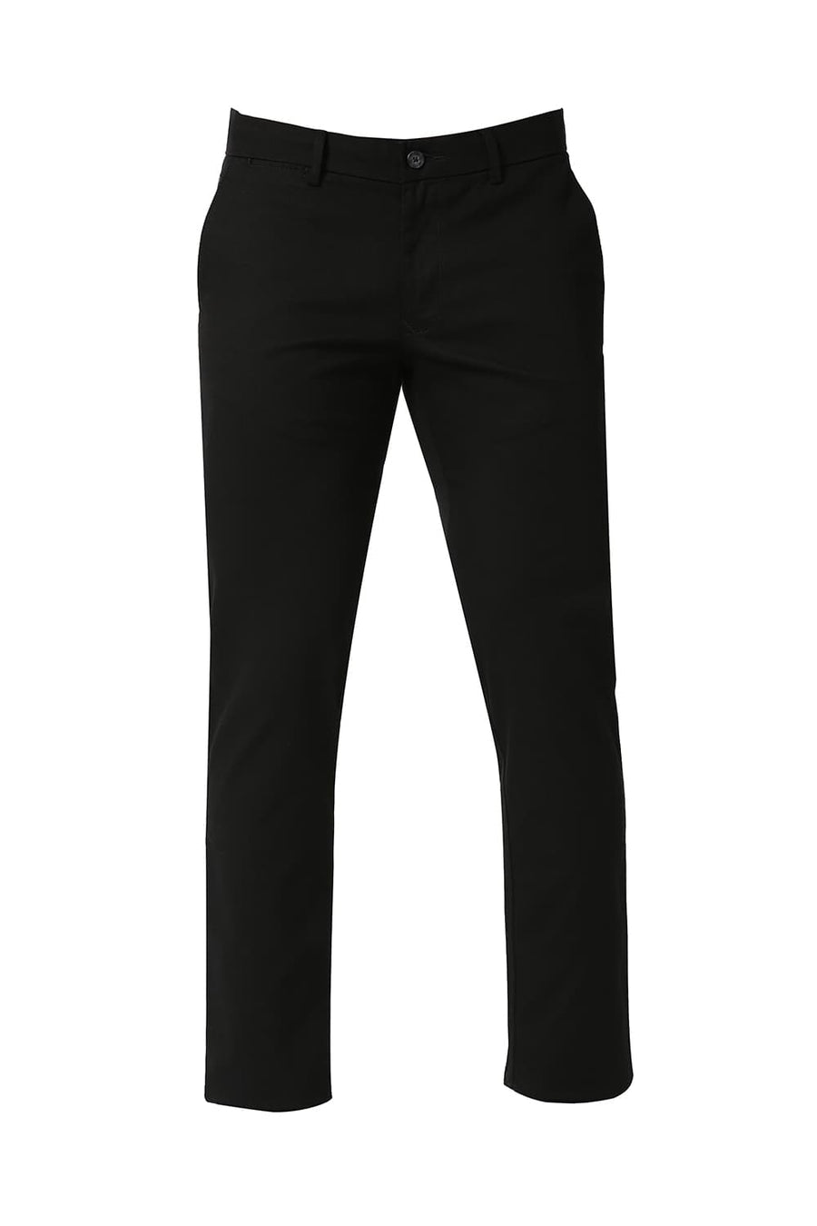 BASICS TAPERED FIT CAVIAR BLACK COTTON STRETCH TROUSERS