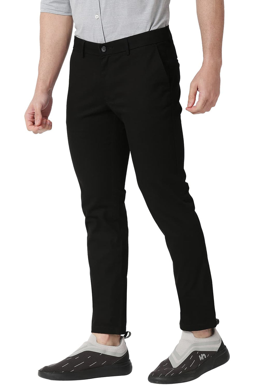 BASICS TAPERED FIT CAVIAR BLACK COTTON STRETCH TROUSERS