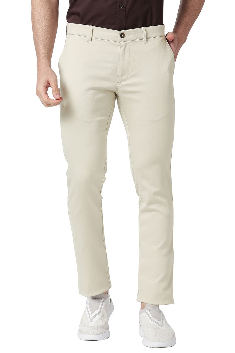 BASICS TAPERED FIT PARCHMENT BEIGE COTTON STRETCH TROUSERS