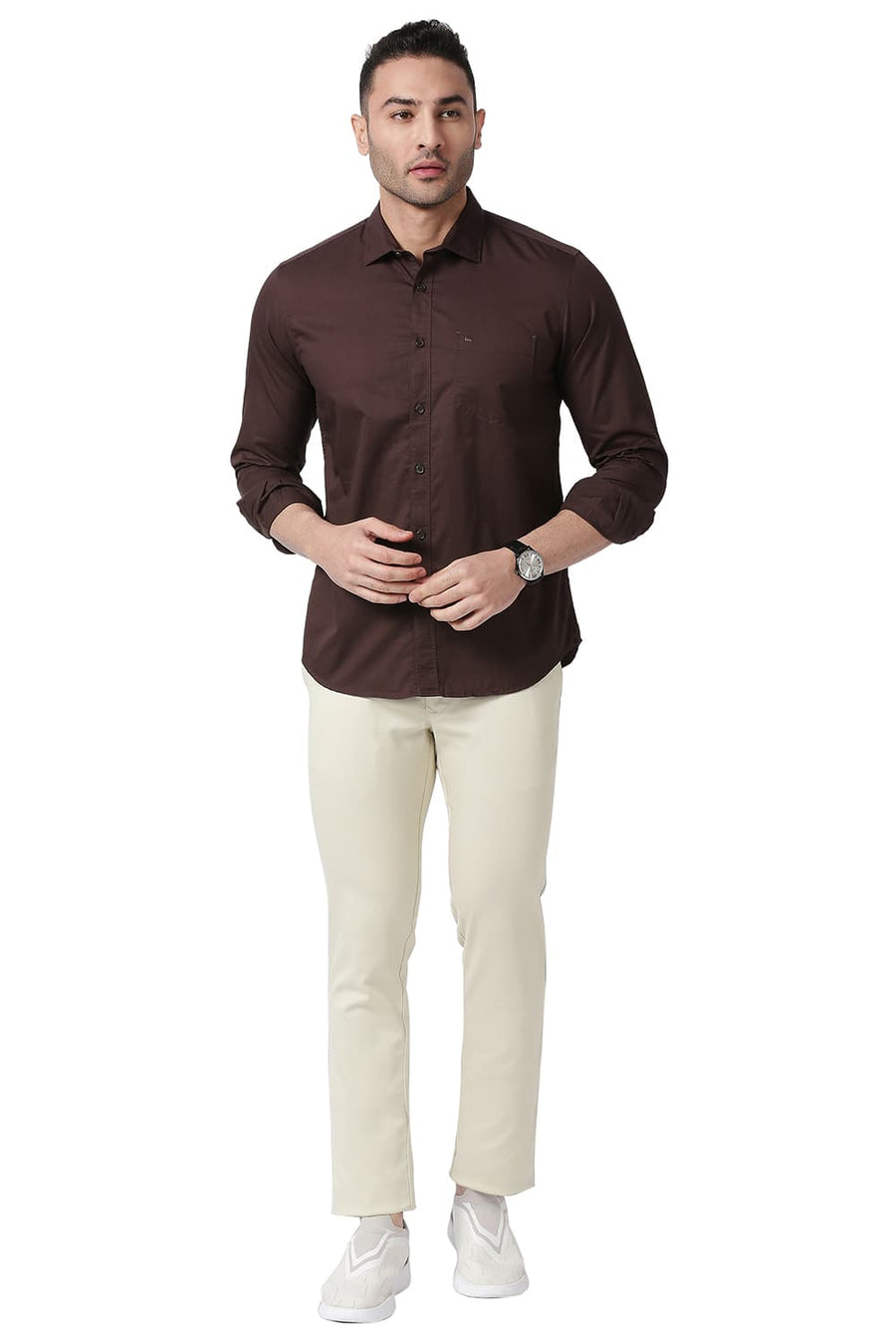 BASICS TAPERED FIT PARCHMENT BEIGE COTTON STRETCH TROUSERS
